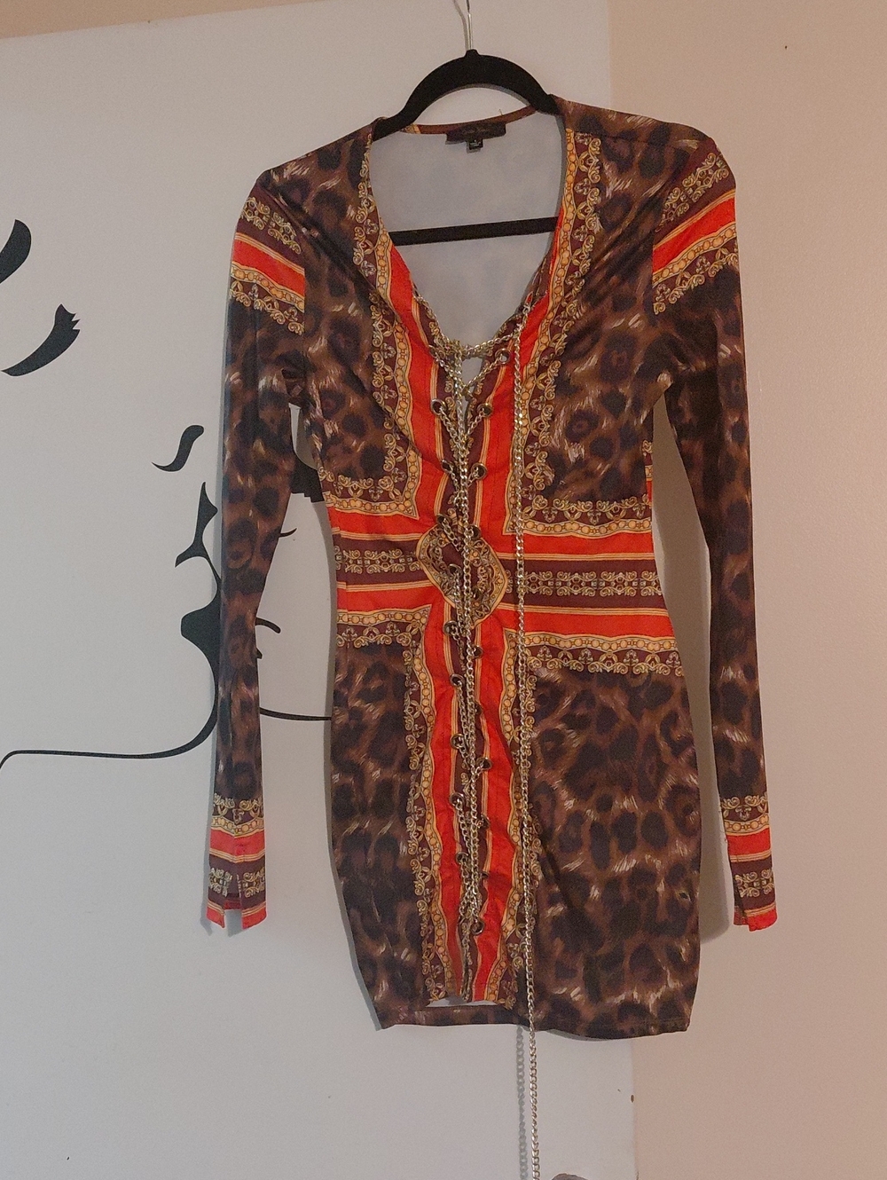 Long-Sleeve Leopard Print Dress with Red Accent